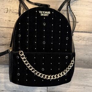 Victoria's Secret Black Velvet Mini Backpack with Gold Chain Accent